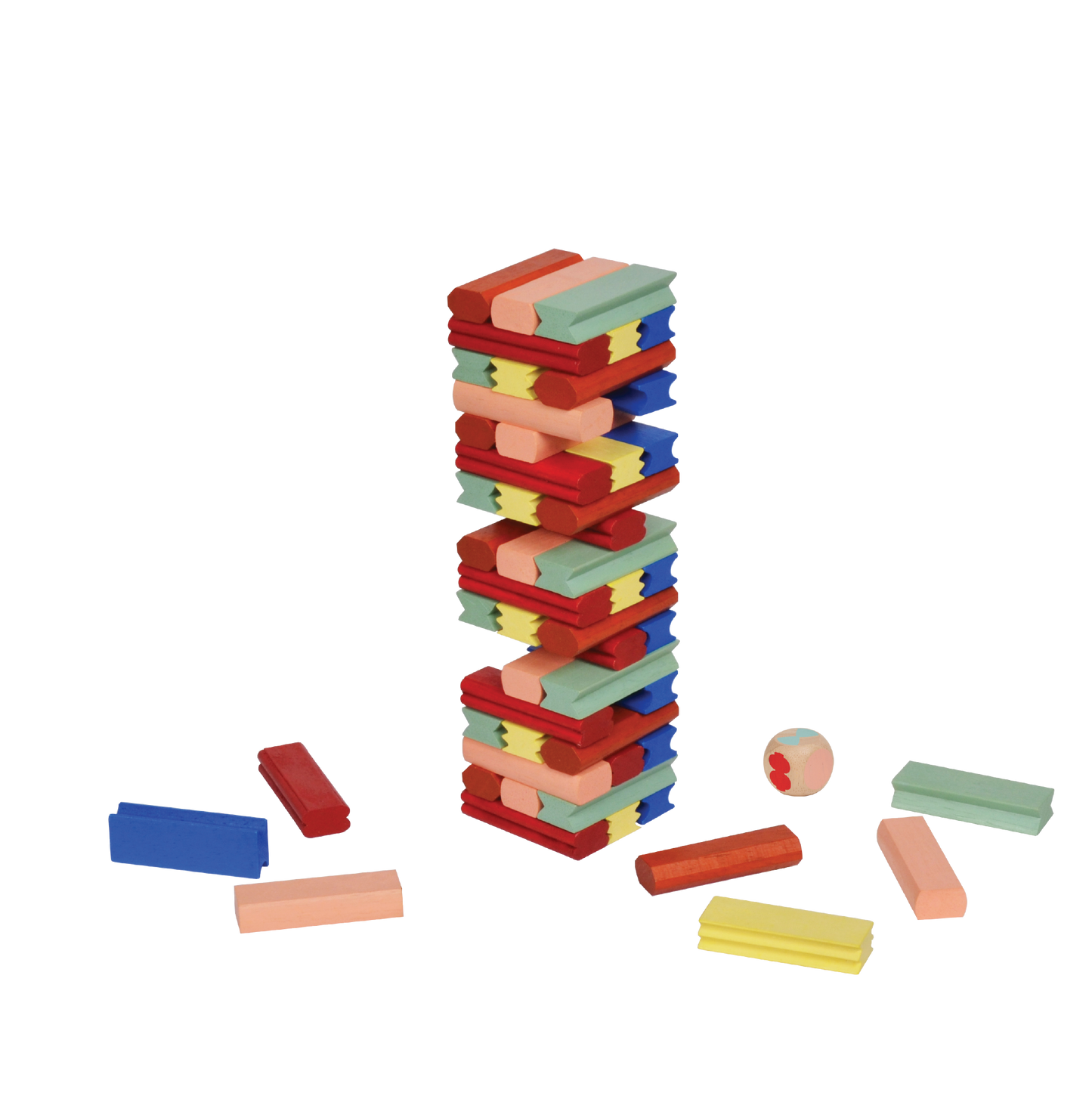 A variety of wooden blocks in different colors toppled over each other, with some positioned upright and a few lying on the ground. There is also a small wooden cube and a die visible in the image.