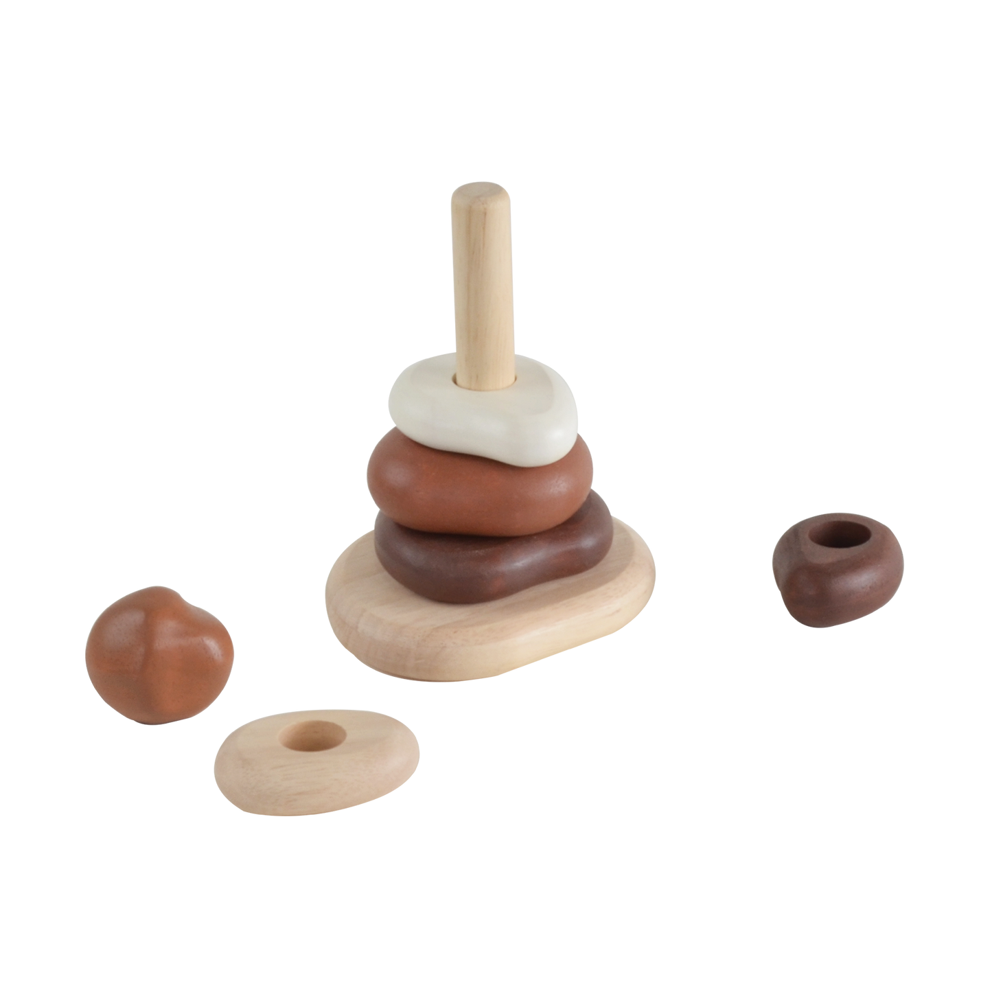 A wooden stack of pebble-shaped toys in varying sizes, with the largest at the bottom and the smallest at the top.