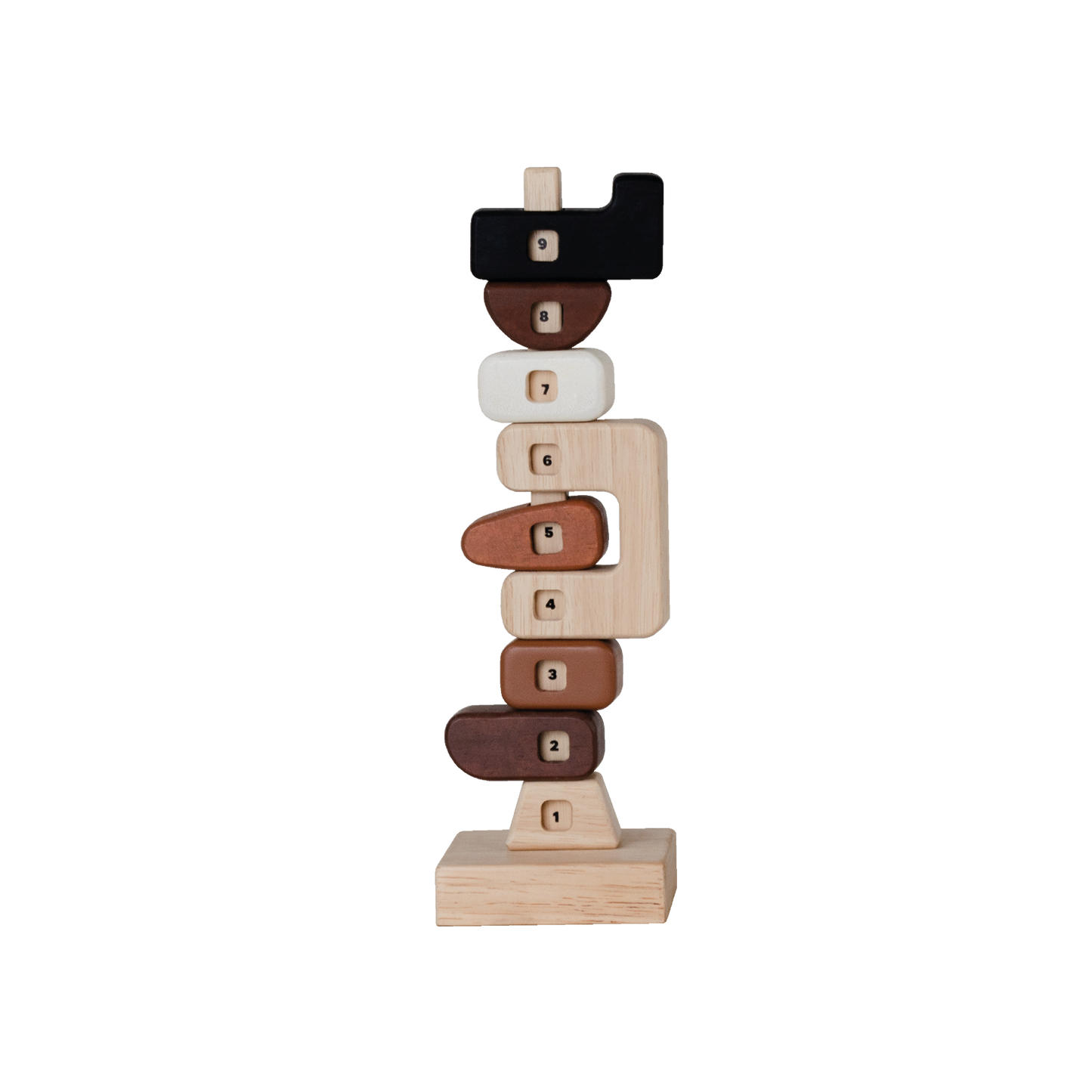 A wooden element counting rod with numbers from one to nine on each level, stacked in a spiral pattern on a wooden base.