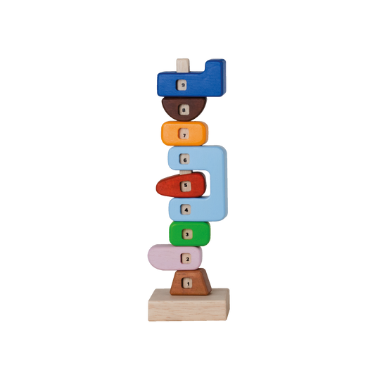 A colorful wooden element counting rod with numbers from one to nine on each level, stacked in a spiral pattern on a wooden base.