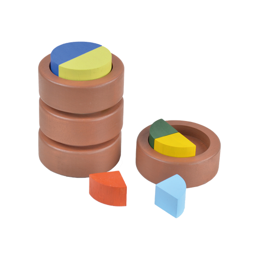 A set of wooden stacking fraction cups in various sizes with colorful geometric shapes inside them.