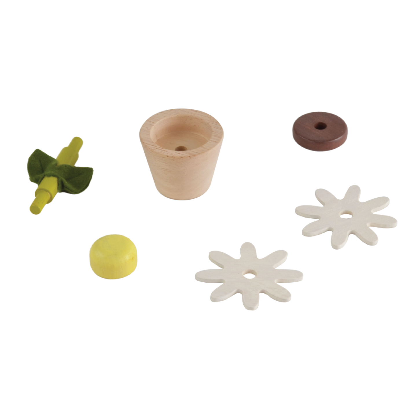 A set of four toy flower pots in different colors representing sunflower, daisy, rose, and cherry blossom, with detachable parts.