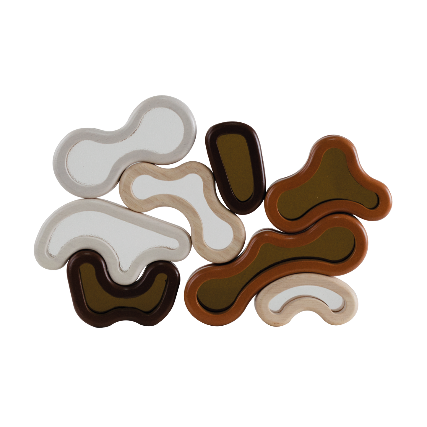 A set of natural brown wooden blocks with smooth organic shapes stacked together.