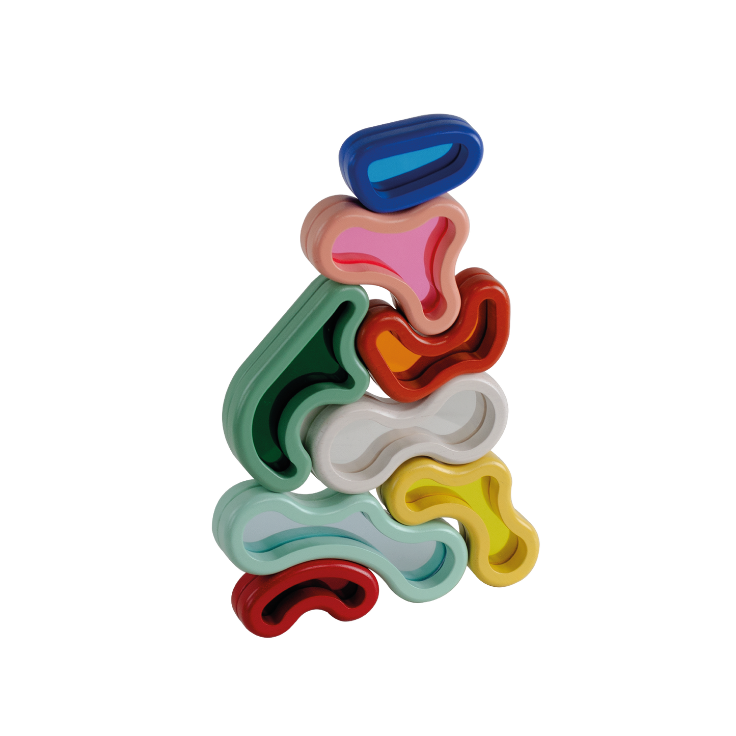 A set of colorful organic shaped acrylic blocks in various colors stacked together.