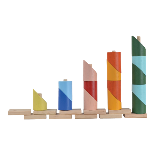 Wooden stacking toy with colorful sliced cylinders on individual rods of different heights. Each rod holds a different number of pieces and can be linked together to form a long chain.
