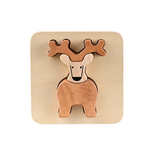 A wooden tray puzzle in the shape of a reindeer, with large block pieces designed for early childhood development.