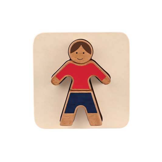 A wooden tray puzzle featuring a boy with large block pieces in a red shirt and blue pants.