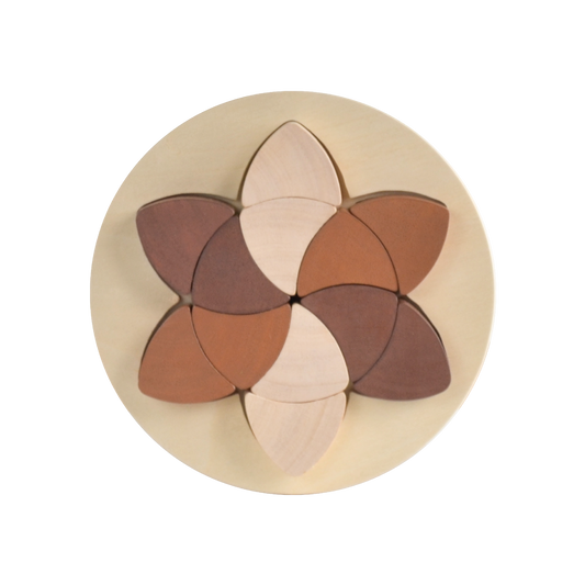 A wooden puzzle toy consisting of twelve single shape parquetry pieces in beige, brown, and white, fitted into a circular tray.