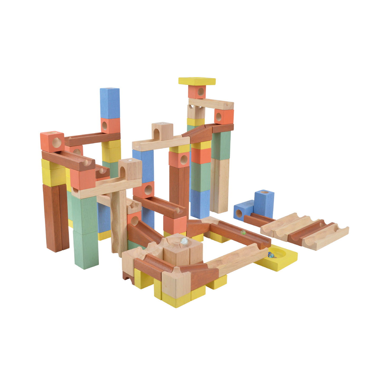 A wooden marble run set with multicolored marbles set up on a track that winds through a series of wooden blocks and tracks on a white background.