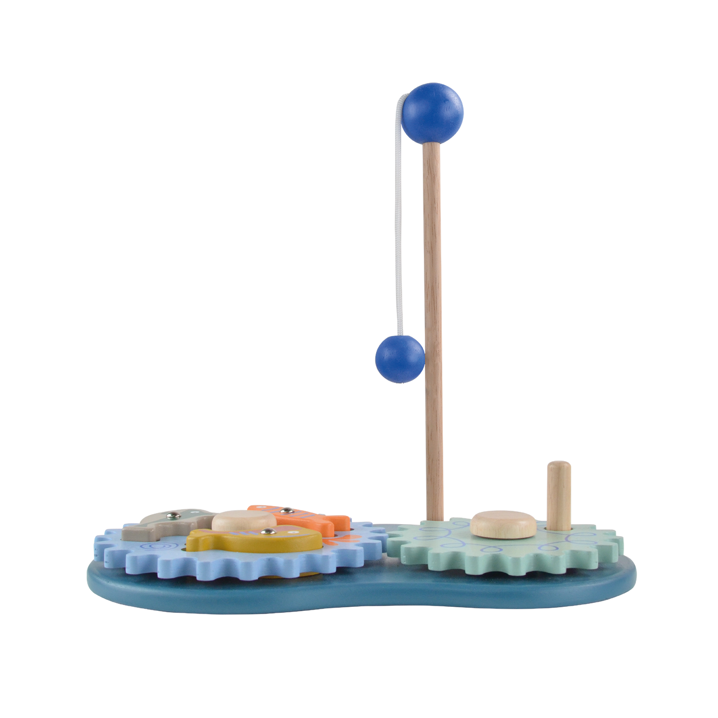 A toy fishing gear set with blue and green gears, a fishing reel, and a few small toy fish on a blue pretend water surface.