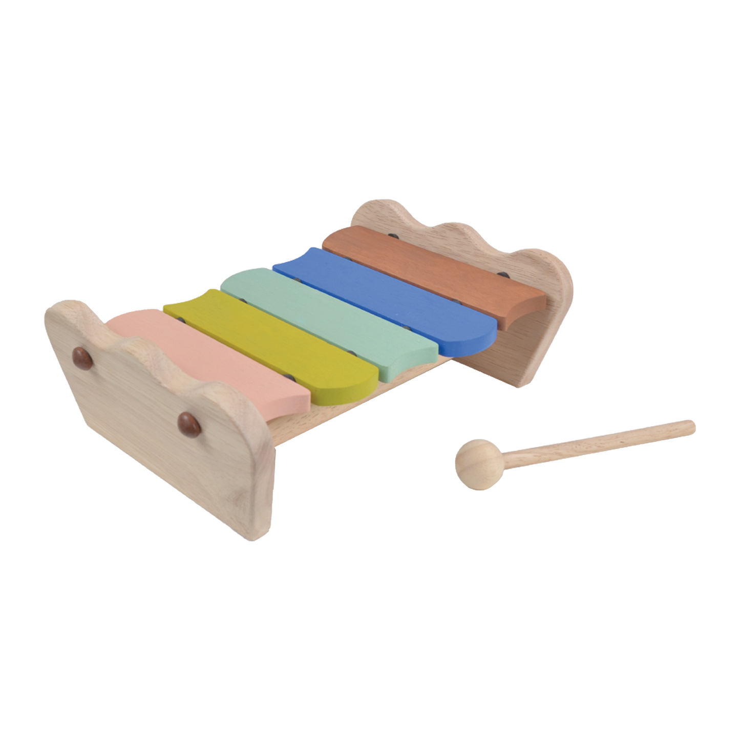 A wooden scallop xylophone with five bars and a beige mallet.