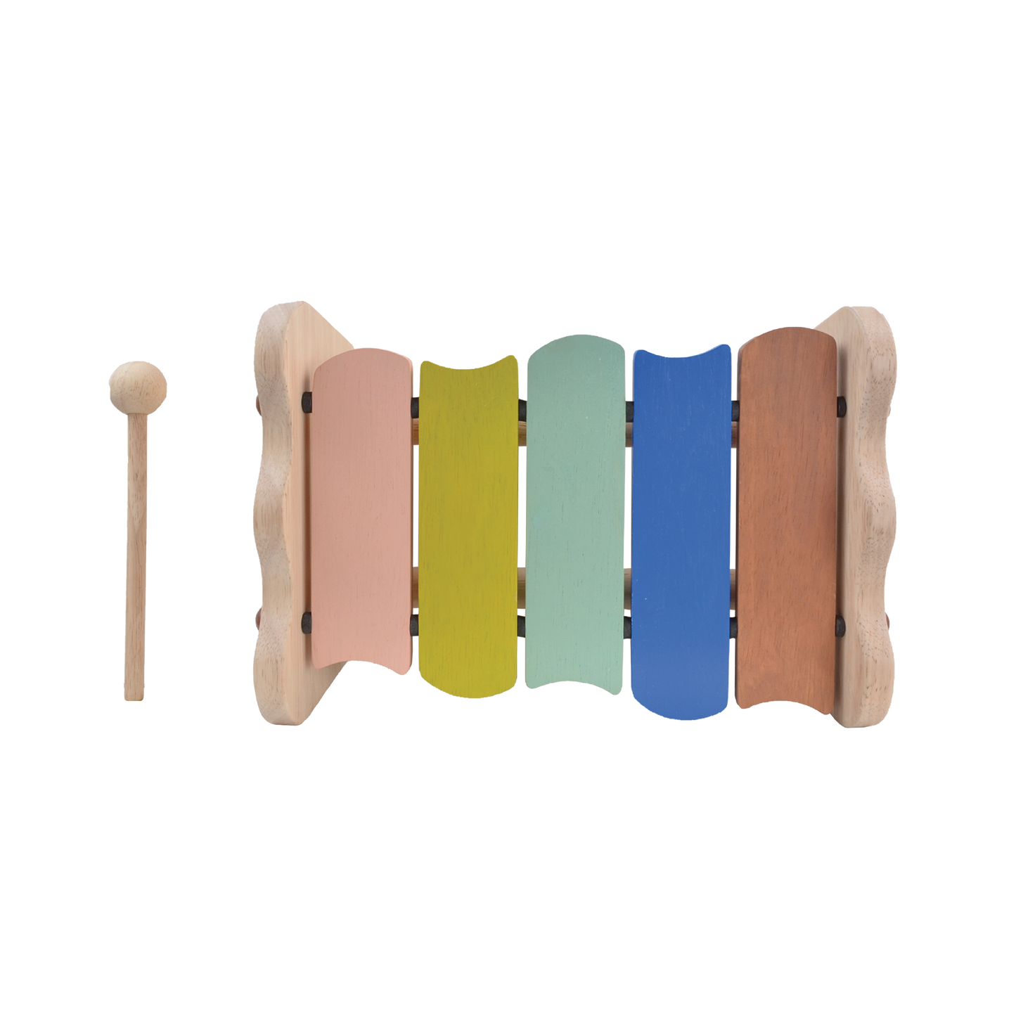 A wooden scallop xylophone with five colorful bars and a wooden mallet, designed for young children.