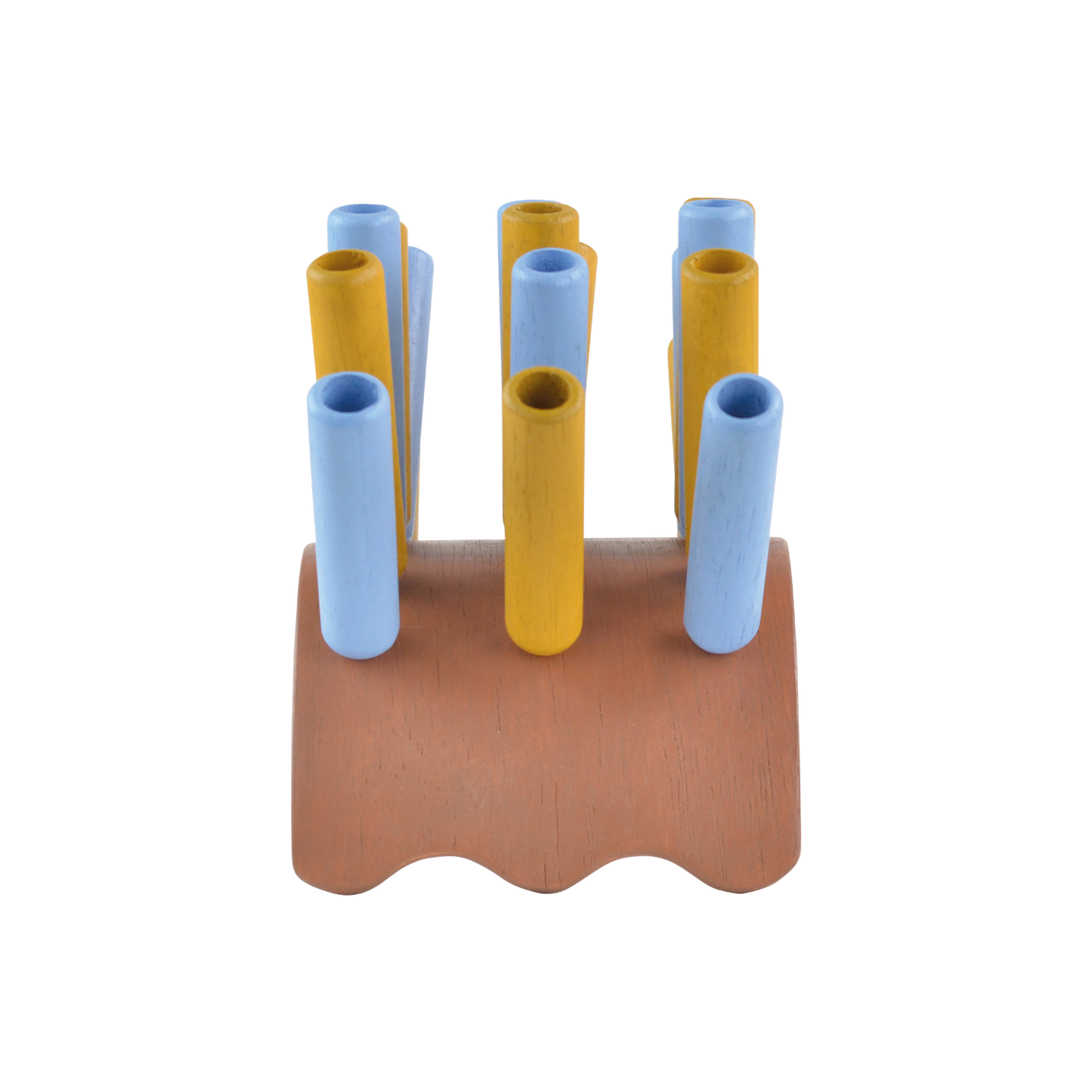A wooden percussion instrument resembling a sea urchin, with yellow and blue plastic sticks arranged in a circle.