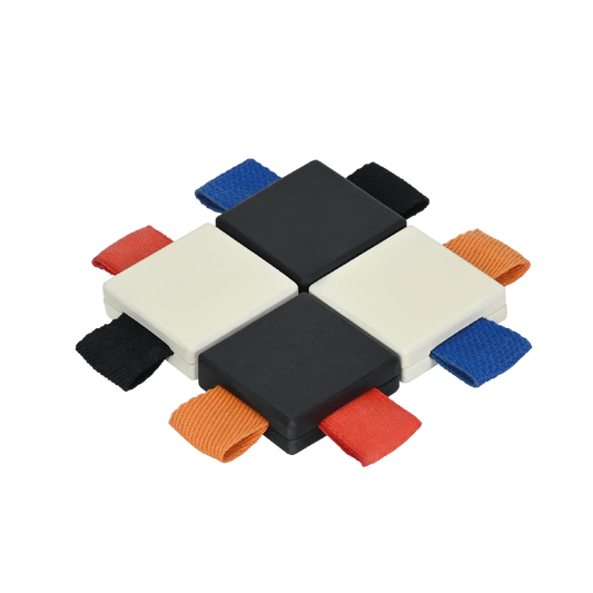 A set of multicolored checker tiles with looped ribbons, designed for infant sensory development.