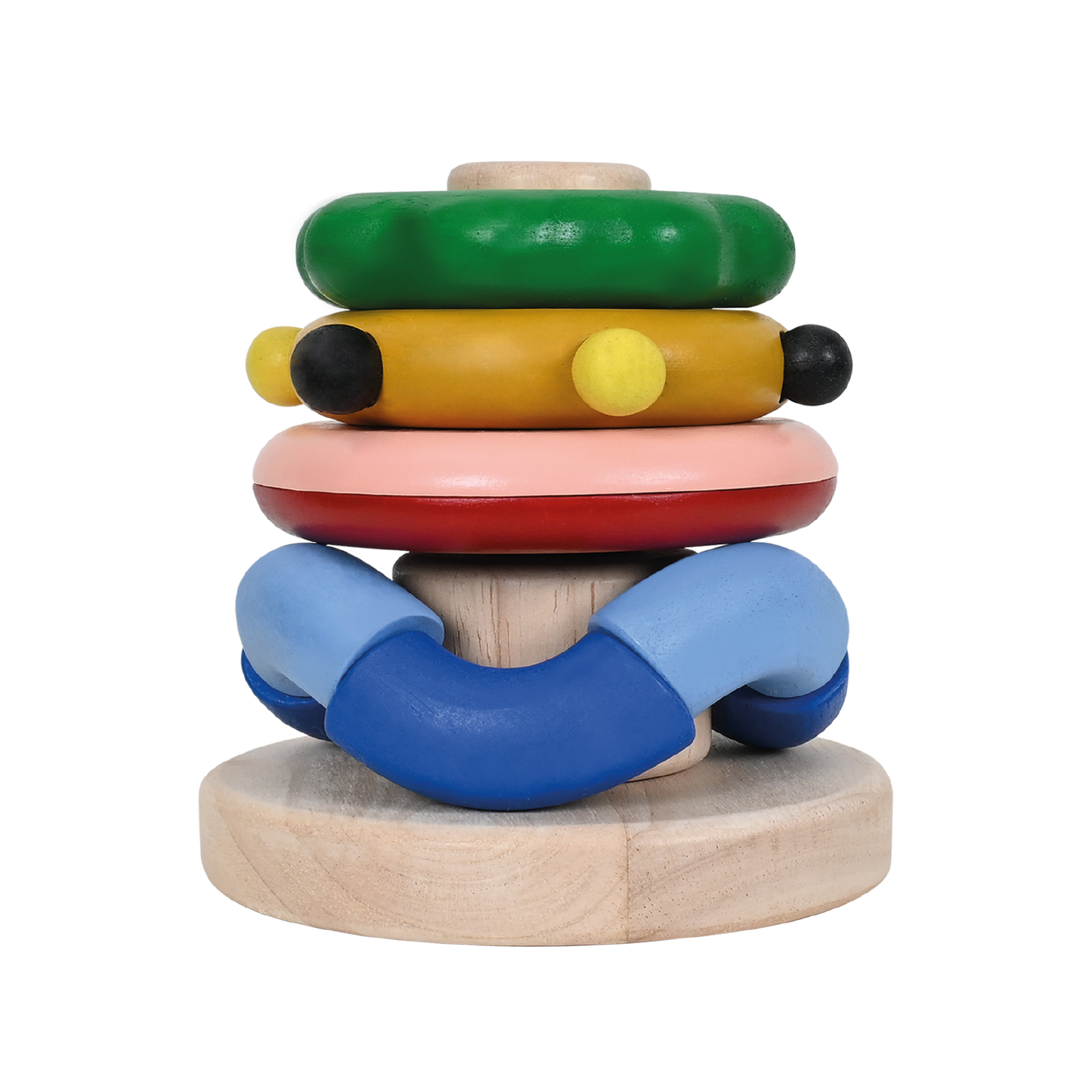 A set of four wooden stacker rings of different sizes with a sensory feature of sound, touch, and texture, designed for baby's grip.