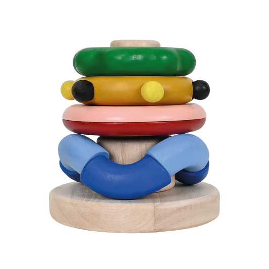 A set of four wooden stacker rings of different sizes with a sensory feature of sound, touch, and texture, designed for baby's grip.