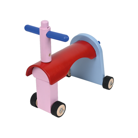 A wooden mini ride-on toy with a natural finish, featuring a seat and a steering wheel, mounted on wheels.