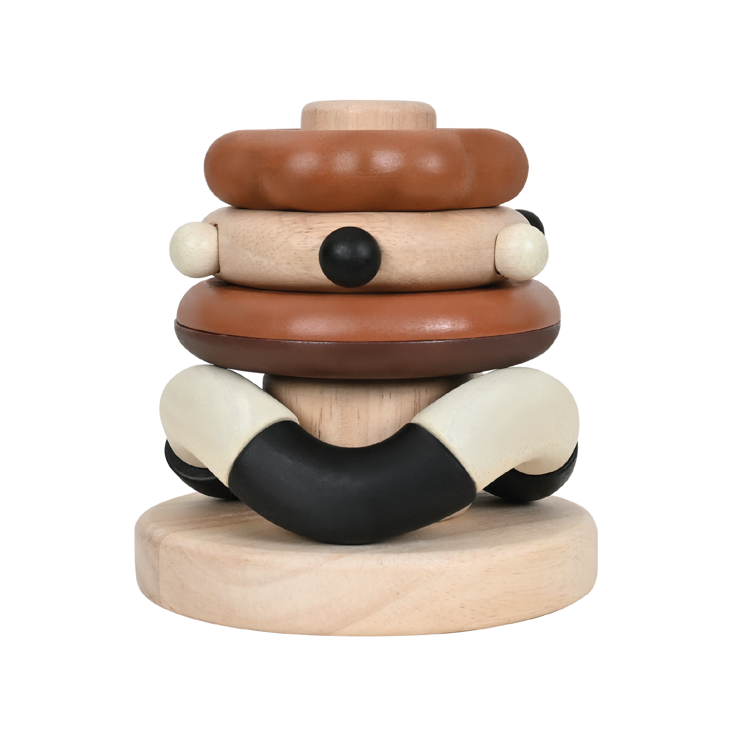 A set of four wooden stacker rings of different sizes with a sensory feature of sound, touch, and texture, designed for baby's grip.