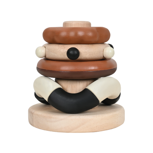 A set of four wooden stacker rings of different sizes with a sensory feature of sound, touch, and texture, designed for baby's grip.
