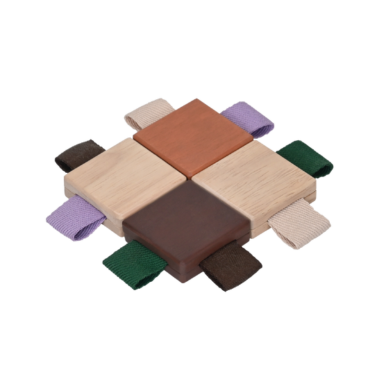A set of Brown and Natural wood checker tiles with looped ribbons, designed for infant sensory development.