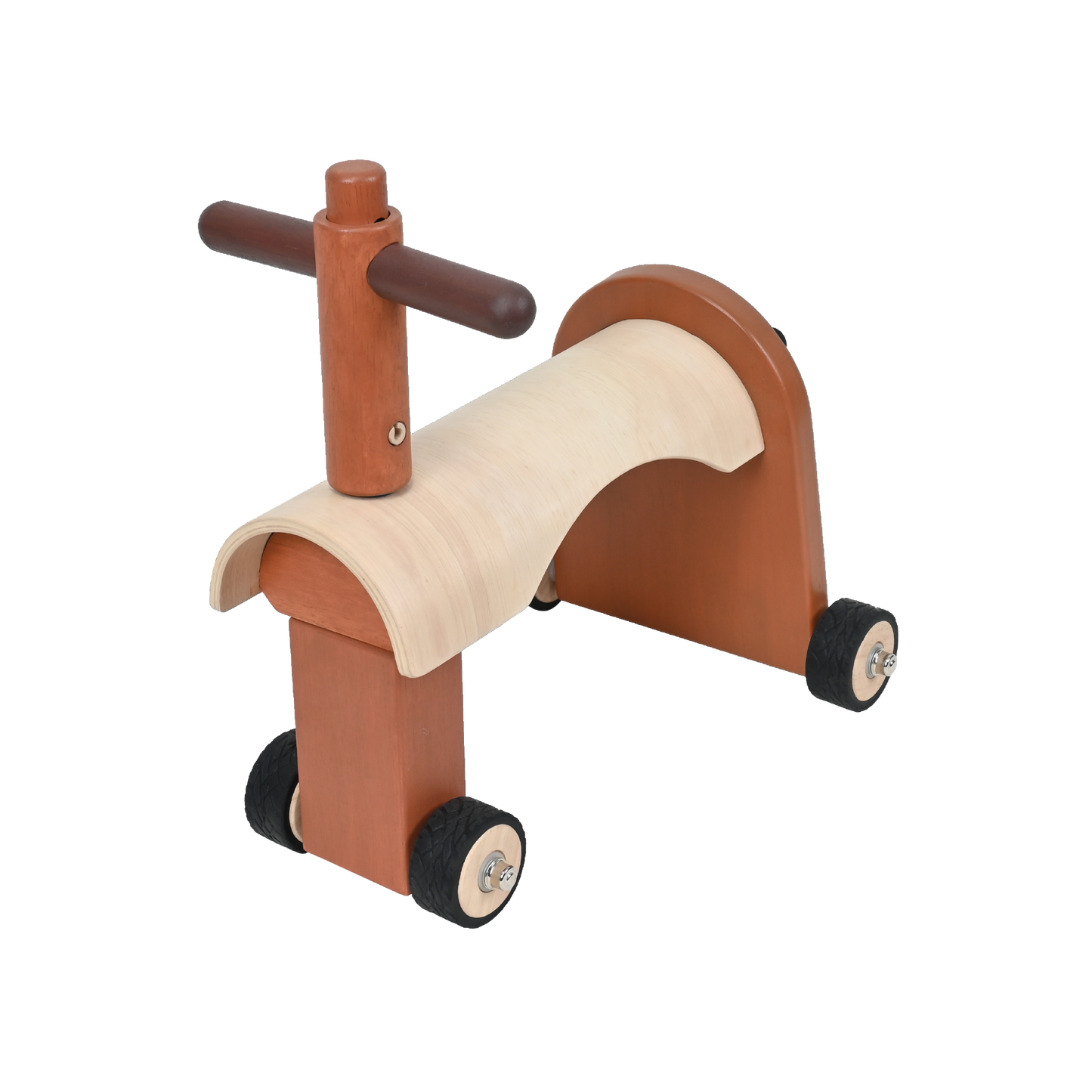 A wooden mini ride-on toy with a natural finish, featuring a seat and a steering wheel, mounted on wheels.