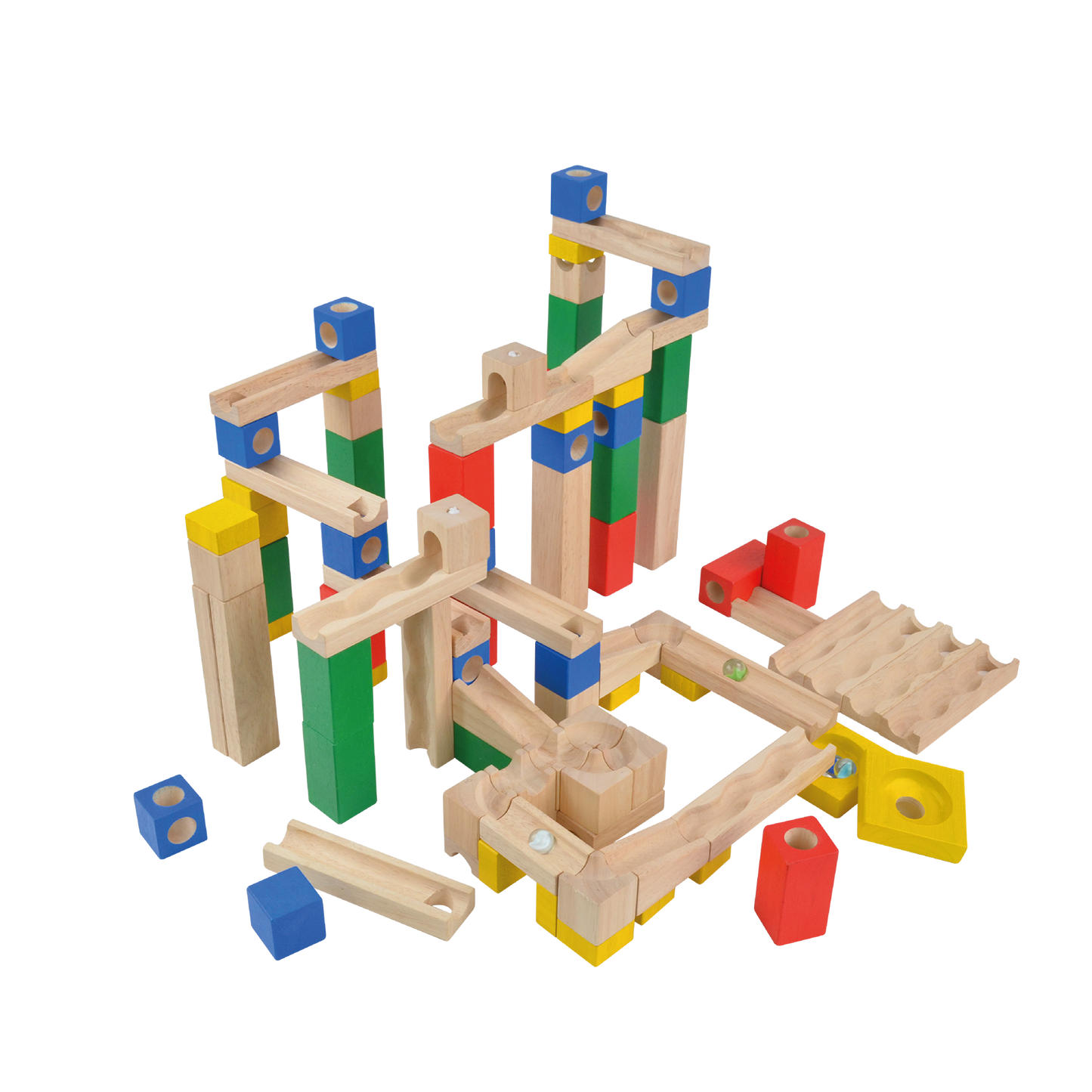 A wooden marble run set with multicolored marbles set up on a track that winds through a series of wooden blocks and tracks on a white background.