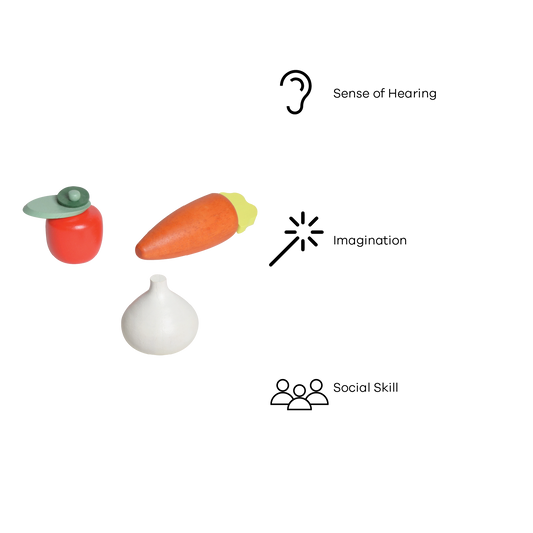 Wooden drum toy with green rim and vegetable-themed beads shaped like apple, carrot, and garlic. Helps children explore rhythm, differentiate sounds, and develop hand coordination.