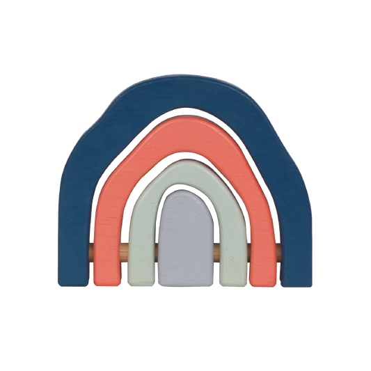 A wooden stacking toy in the shape of a rainbow, featuring four curved arches in soft blue, coral, mint, and light gray tones. Perfect for stacking, balancing, and open-ended play that enhances creativity and coordination.
