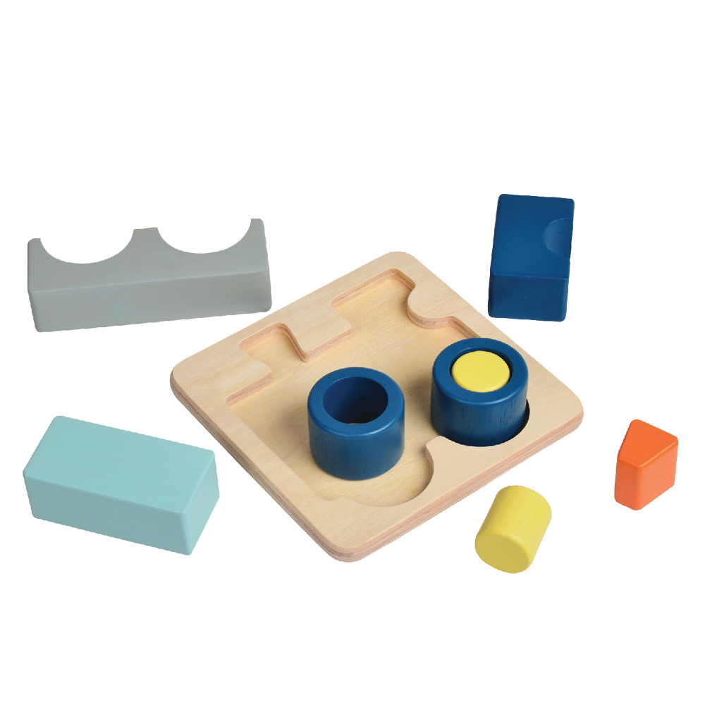 A colorful wooden train tray puzzle with large block pieces in blue, red, and yellow.