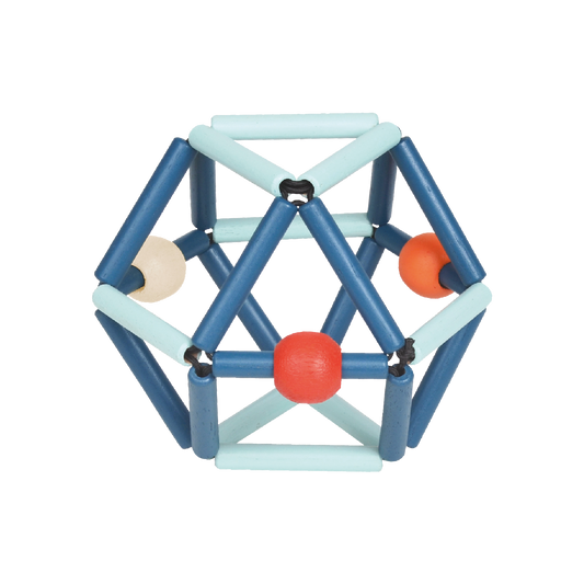 A colorful polyhedron baby toy made of wooden dowels and beads, designed for sensory development.