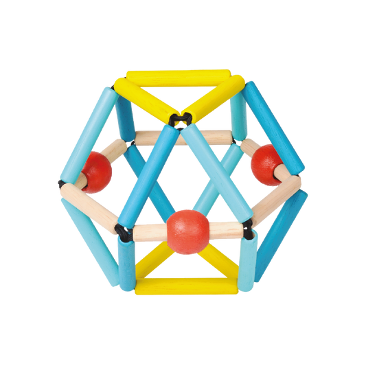 Lightweight wooden polyhedron baby toy made of blue, yellow, and beige dowels, natural wood joints, and blue-toned beads, designed for grasping, squeezing, and sensory play.