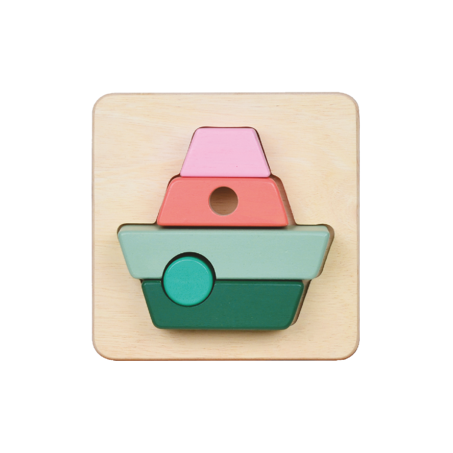 A colorful wooden boat tray puzzle with large block pieces in pink and green.
