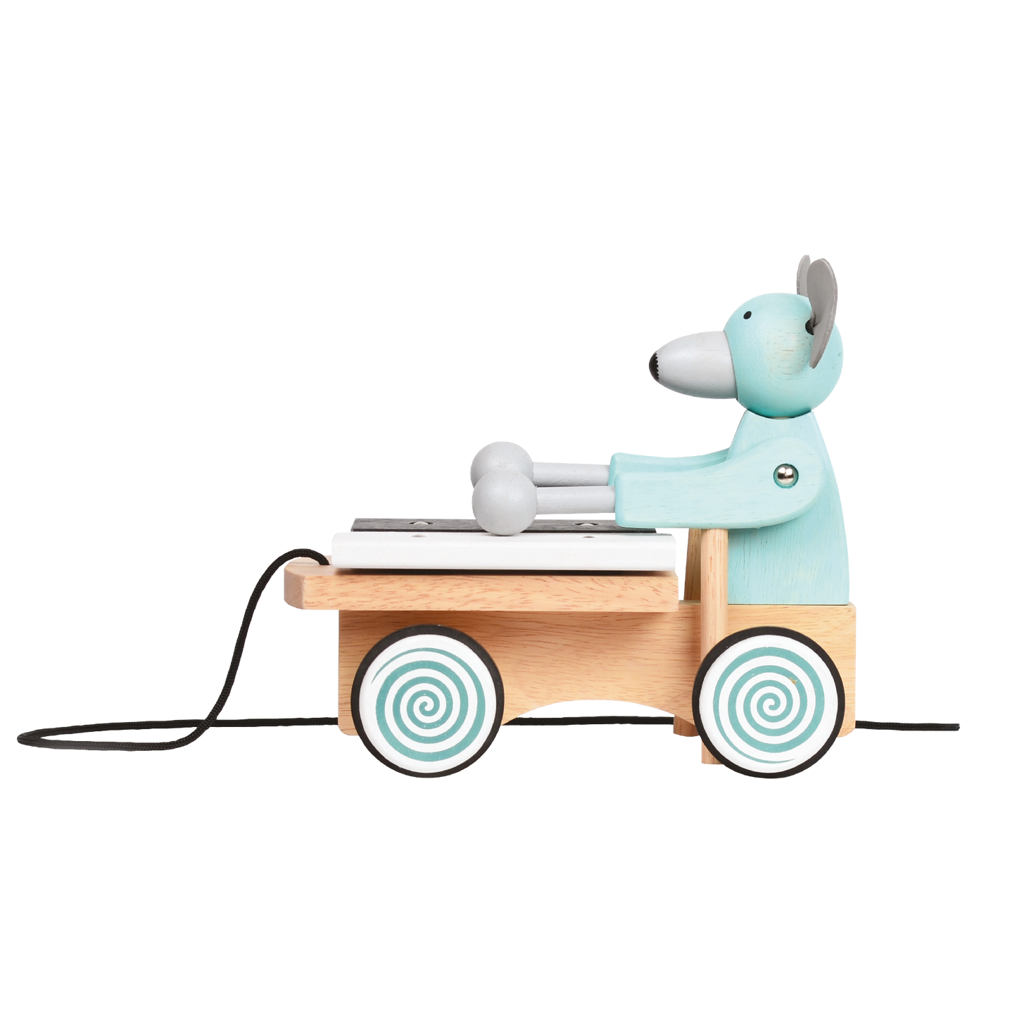 A wooden pull-along toy featuring a pastel mint-blue tone bear attached to a small wooden xylophone on wheels with a pastel mint-blue tone and white zigzag pattern.