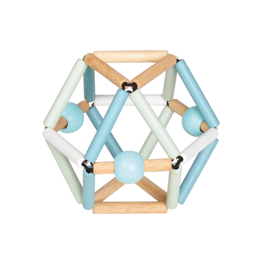 A colorful geometric-patterned squeezing toy made of wooden dowels and elastic beads.