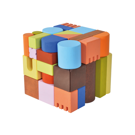 Natural wood unit blocks in cubes, triangles, half-cylinders, columns, and half-circles. Encourages spatial thinking, creativity, and open-ended play.