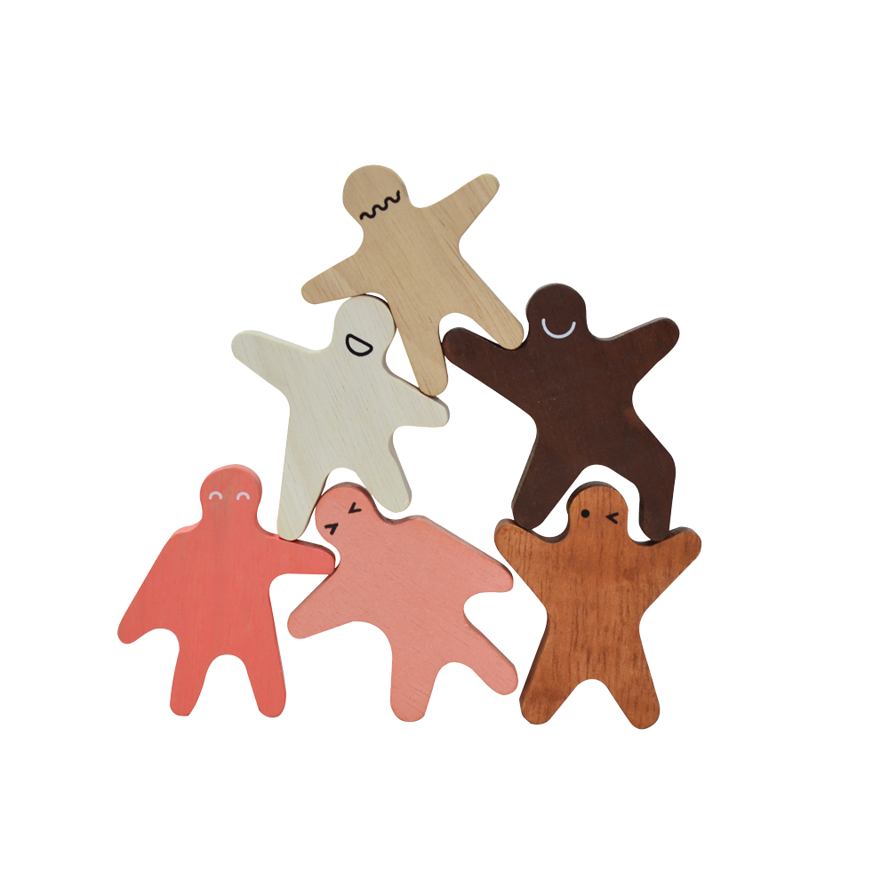 A wooden puzzle with colorful pieces shaped like children standing upright for pretend play and stacking balance.