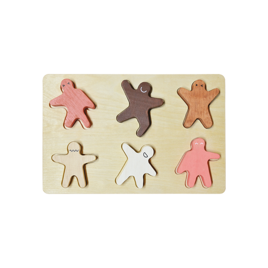 A wooden puzzle with colorful pieces shaped like children standing upright for pretend play and stacking balance.