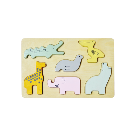 A colorful wooden zoo puzzle board with animal-shaped pieces. Children can sort shapes, stack and balance pieces, count, identify colors, and match animals to their corresponding slots, promoting concentration, fine motor skills, and an understanding of balance and gravity.