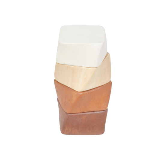 A twisted square column toy with geometric shapes in different colors.