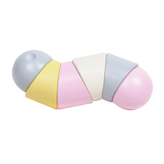A colorful caterpillar-shaped rattle with segments in pastel pink, yellow, and blue colors, with a soft, plush texture.