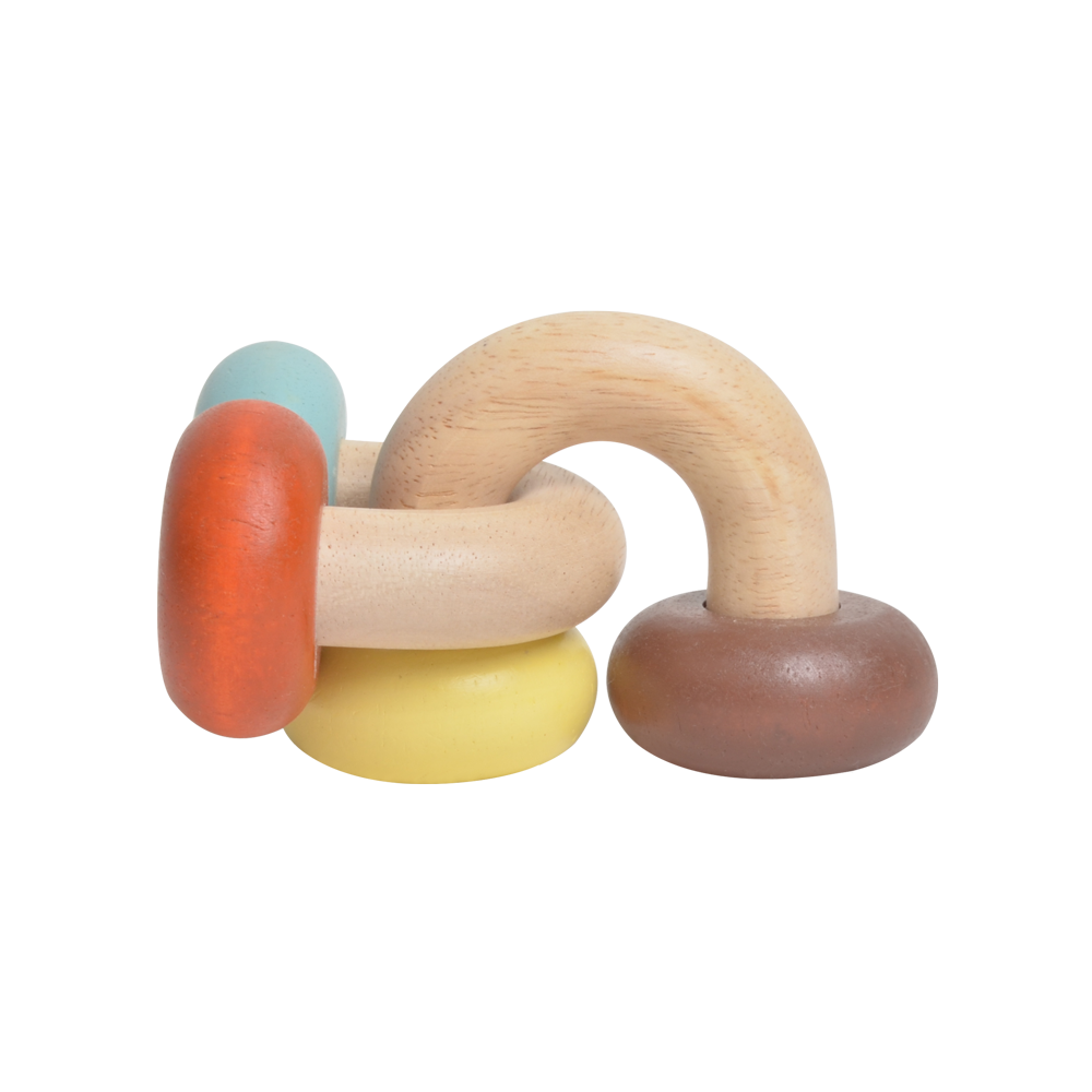 A colorful baby rattle with a wooden chain and plastic beads in shades of blue, red, and beige.