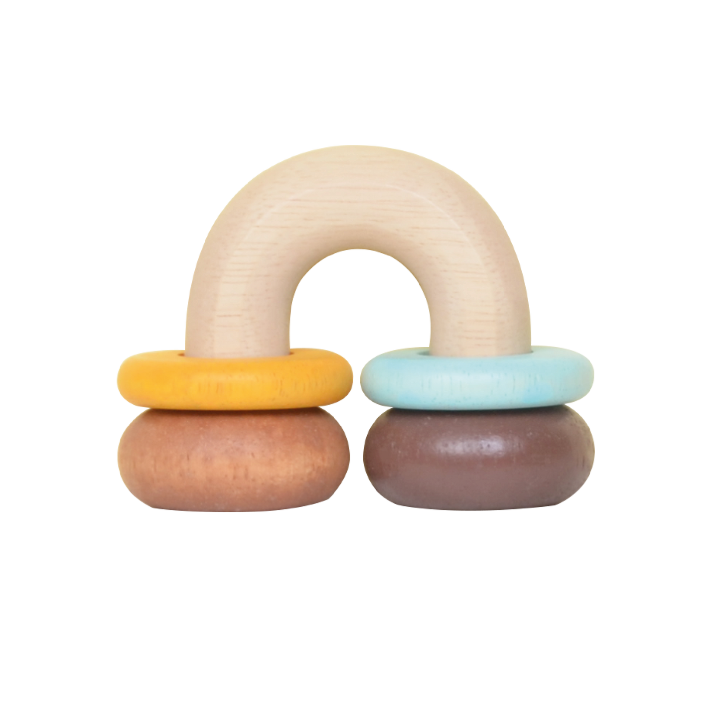 A wooden horse shoe rattle with moving rings in beige, yellow, and brown colors.