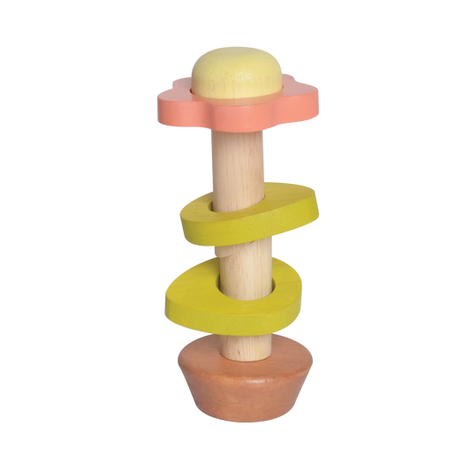 A colorful flower-in-a-pot toy with beads that slide and rattle along twisted wires, designed to stimulate sensory play and encourage grasping and fine motor skills.