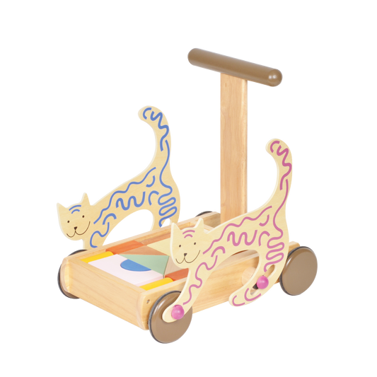 A wooden kitty walker toy with a cart and cat figures on wheels.