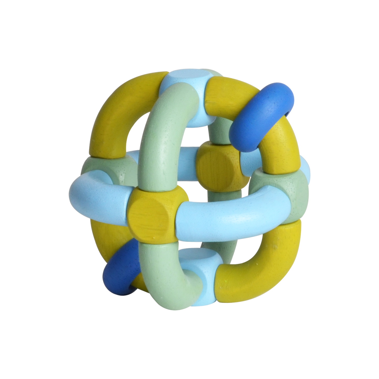 A multicolored baby rattle made of wooden tubes and dice beads in various shades of mint green, light blue, yellow-green, and blue.