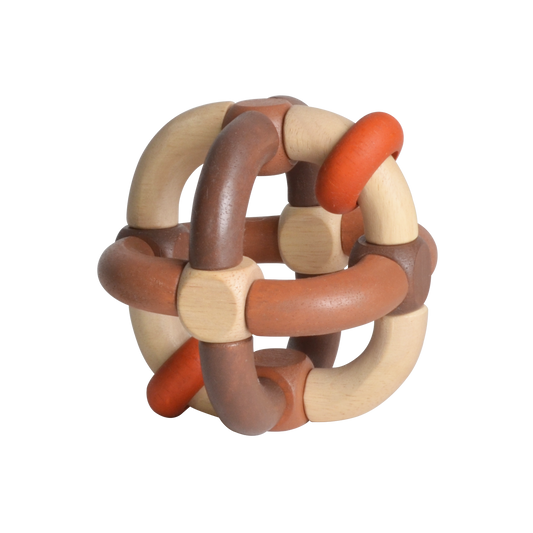 A wooden baby dice rattle with beads and elastic connections in brown and white colors.