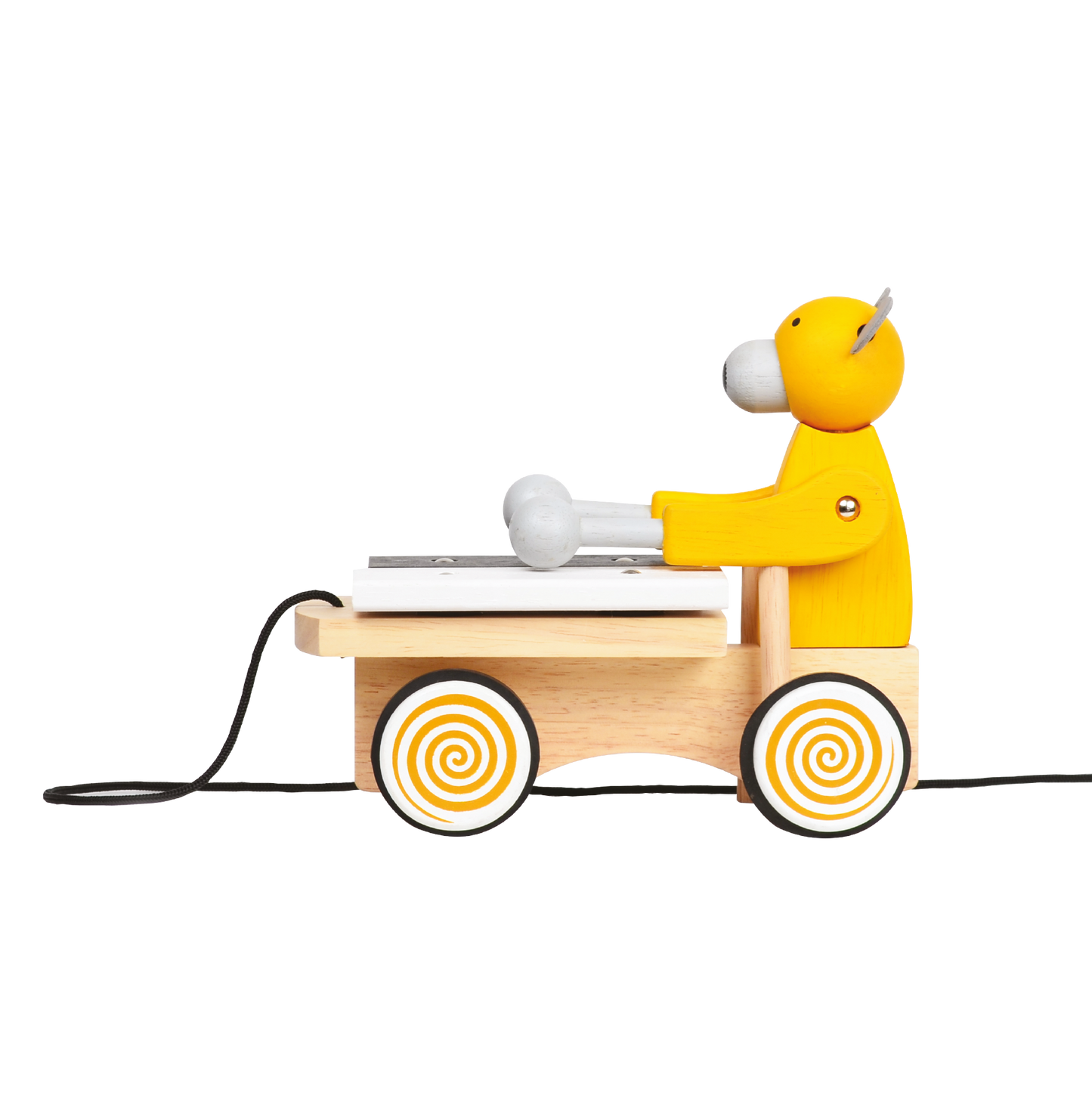 A wooden pull-along toy featuring a yellow bear attached to a small wooden xylophone on wheels with a yellow and white zigzag pattern.