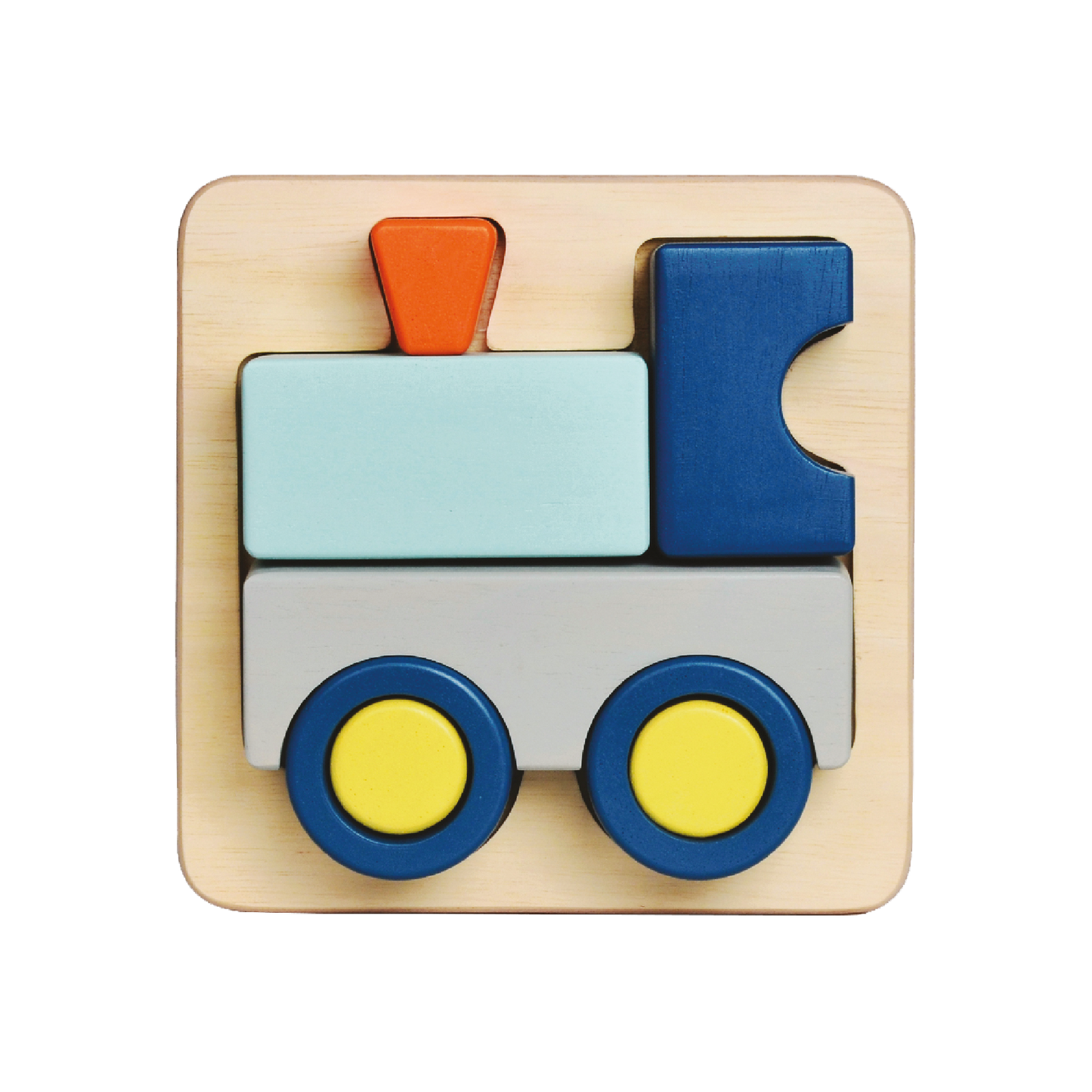 A colorful wooden train tray puzzle with a train shape on a wooden board.
