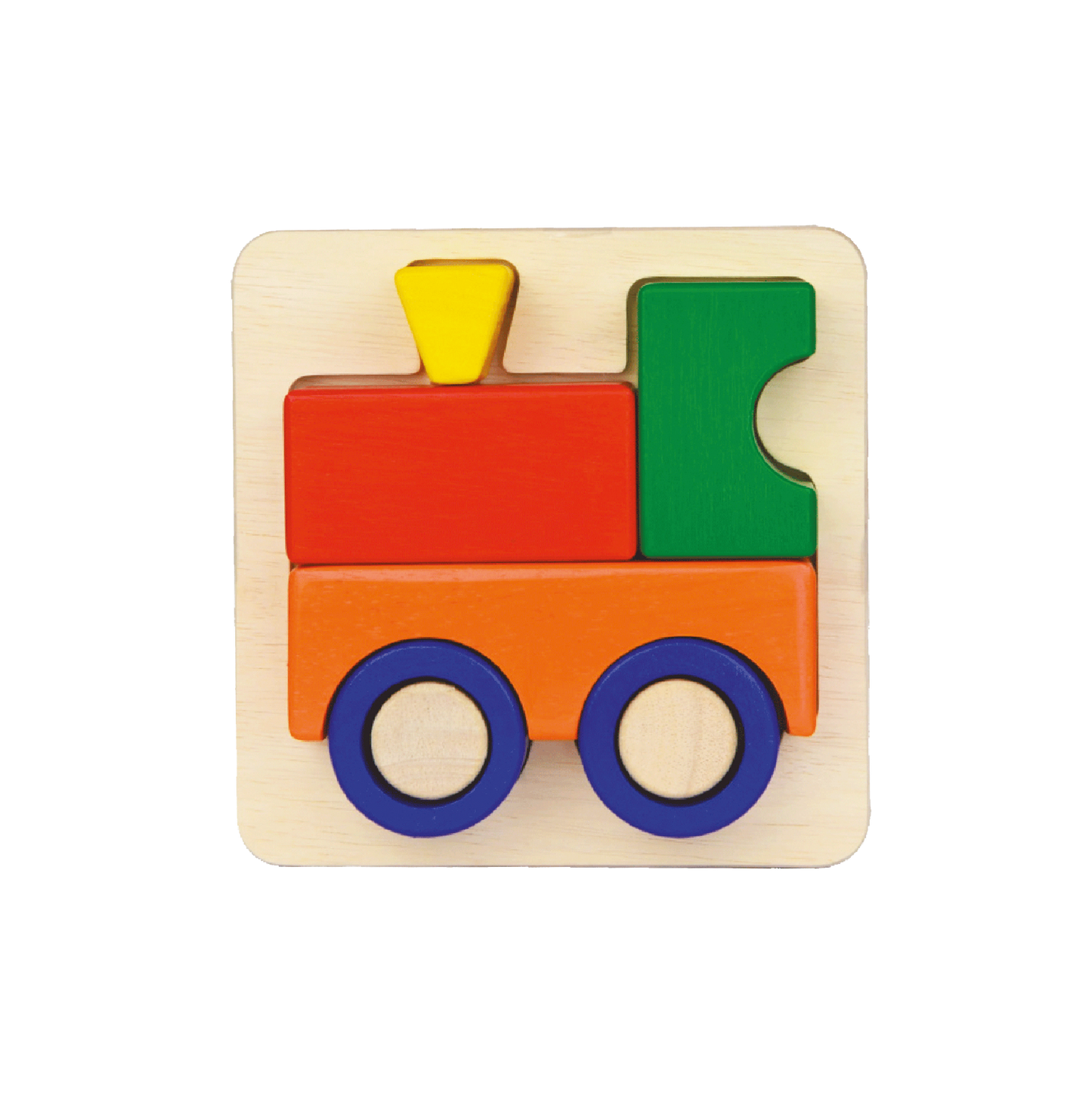 A colorful wooden train tray puzzle with large block pieces in red,green,yellow,oreang, and blue.