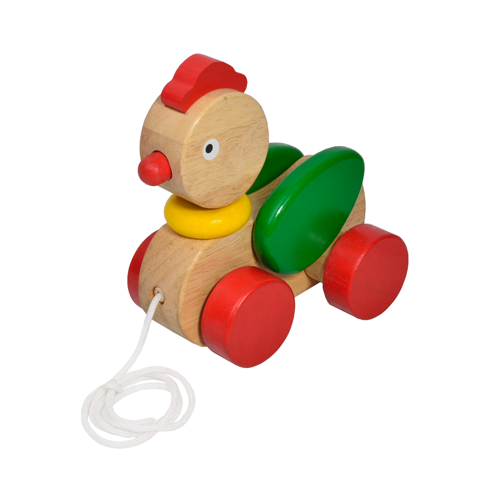A colorful wooden toy resembling a rooster with wheels and a pull-string.